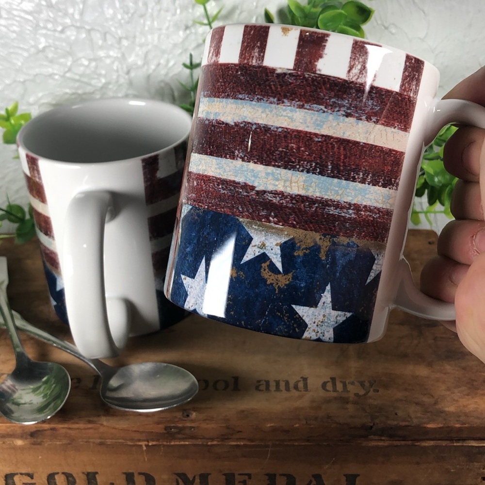 NWT Patriotic American Flag Patchwork Mugs 12oz Distressed Rustic Farmhouse Mugs